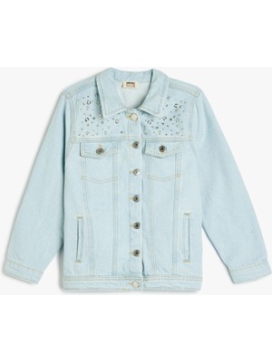 Koton Pamuklu Taş Detaylı Kapaklı Cepli Uzun Kollu Denim Ceket