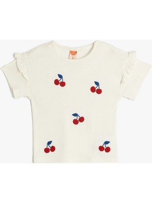 Koton Kız Çocuk Kiraz Nakışlı Pamuklu Kısa Kollu Bisiklet Yaka Tişört Örme Kumaş