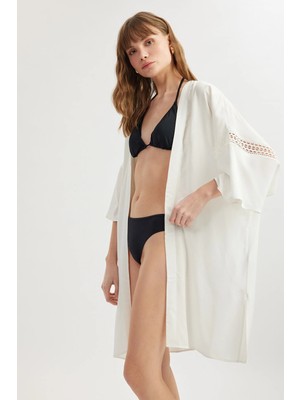 Koton Viskon Kumaş Fisto Detaylı 3/4 Kol Oversize Kimono