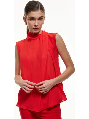 Dik Yaka Kolsuz Krep Bluz 5SAK60275UW - Koton - Kırmızı - 36