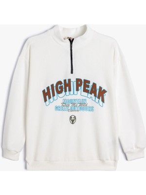 Koton Erkek Çocuk Yarım Fermuarlı Ekru Sweatshirt Baskılı Dik Yaka Uzun Kol Özellikli
