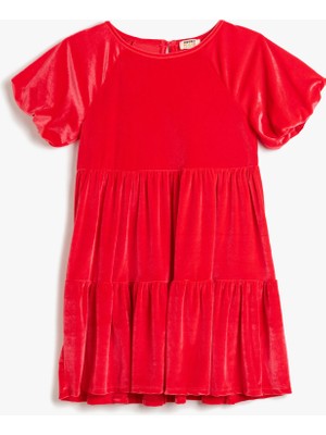 Koton Pileli Balon Kollu Bisiklet Yaka Kısa Kollu Kadife Elbise