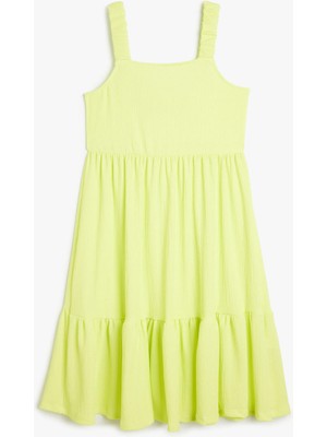 Koton Askılı Pileli Kat Detaylı Kare Yaka Midi Boy Elbise