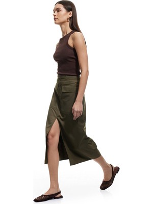 Koton Gabardin Kumaş Slim Fit Kapaklı Cep Detaylı Yırtmaçlı Midi Kalem Etek