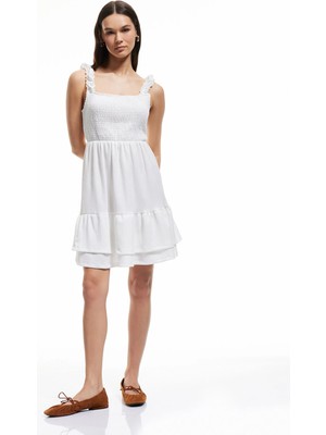 Koton Kare Yaka Katlı Volanlı Kalın Askılı Gipeli Mini Elbise