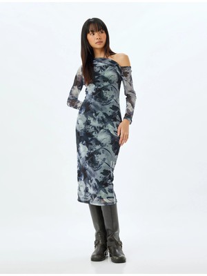 Koton Tül Elbise Midi Omzu Açık Drapeli Asimetrik Kesim Uzun Kollu