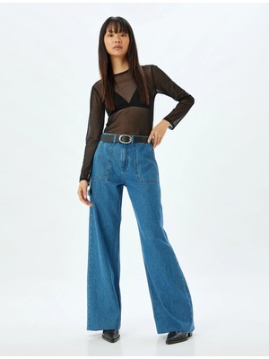 Koton Geniş Paça Kot Pantolon Cep Detaylı Normal Bel Kesik Paça Pamuklu - Wide Leg Jeans
