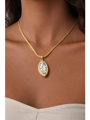 Stainless Steel Badem Taşlı Gold Kolye