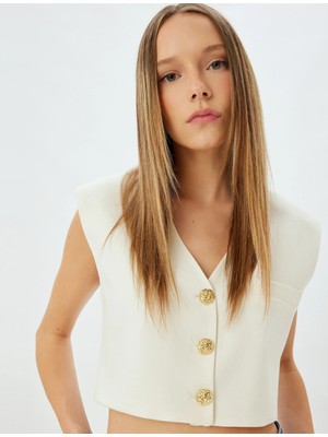 Koton x Zeynep Bastık - Crop Blazer Yelek V Yaka Gold Düğmeli