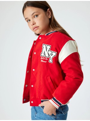 Koton Oversize Kolej Ceket Aplike Detaylı Uzun Kollu Renk Bloklu Çıtçıt Kapamalı