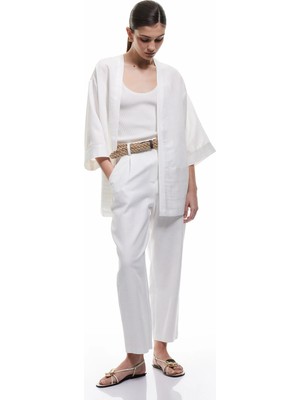 Koton Cepli  Bol Kalıp Çizgili Keten Karışımlı Kimono