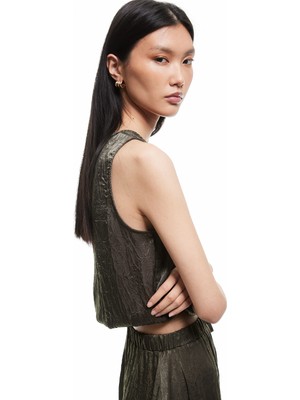 Koton Beli Bağcıklı Bisiklet Yaka Kolsuz Saten Bluz