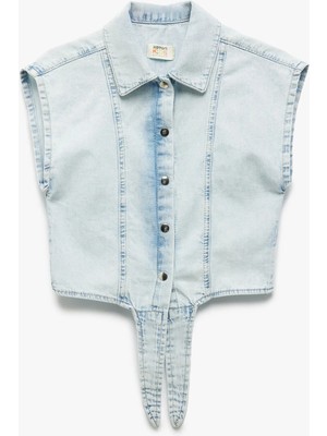 Koton Düğme Kapamalı Bağlama Detaylı Pamuklu Denim Gömlek