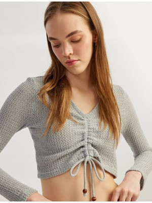 Koton Uzun Kollu Büzgülü V Yaka Triko Crop Tişört