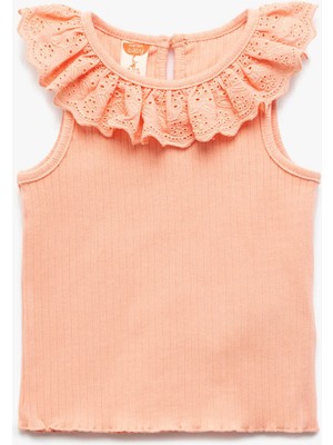 Koton Pamuklu Brodeli Fırfırlı Bisiklet Yaka Kolsuz Atlet