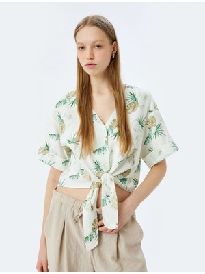 Koton V Yaka Kısa Kollu Bağlama Detaylı Keten Karışımlı Gömlek