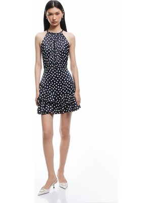 Koton Viskon Kumaş Puantiyeli Fırfırlı Halter Yaka Mini Elbise