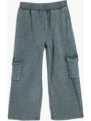 Koton Geniş Paça Beli Lastikli Kargo Pantolon Kız Çocuk İçin Dokuma Kumaş Mavi Gri Renk