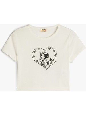 Koton Kedi Baskılı Kısa Kollu Crop Tişört
