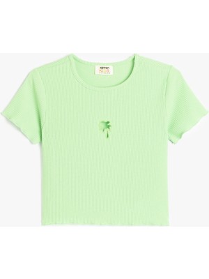 Koton Palmiye Desenli Pencere Detaylı Kısa Kollu Bisiklet Yaka Tişört