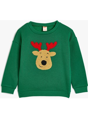 Koton Sweatshirt Geyik Aplike Detaylı Uzun Kollu Bisiklet Yaka Şardonlu