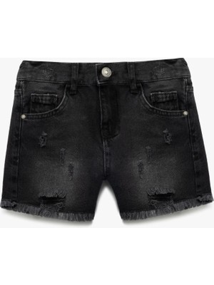 Koton Pamuklu Cepli Yıpratılmış Detaylı Yüksek Bel Denim Şort