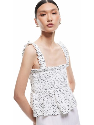 Koton Gipeli Kare Yaka Kolsuz Puantiyeli Askılı Fırfırlı Bluz