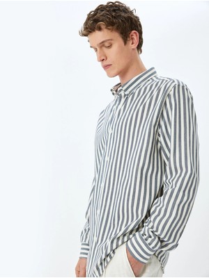 Koton Uzun Kollu Düğmeli Gömlek Yaka Slim Fit Çizgili Gömlek
