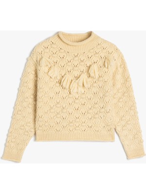 Koton Triko Kazak Ajurlu Yuvarlak Yaka Uzun Kollu Püskül Detaylı