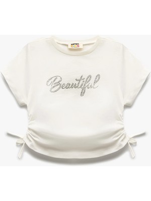 Koton Pamuklu Taş Baskılı Büzgü Detaylı Kısa Kollu Crop Tişört