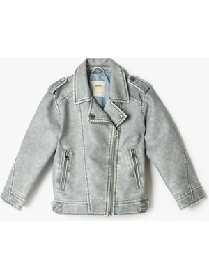 Koton Gri Suni Deri Biker Ceket Kız Çocuk İçin Fermuarlı Cep Detaylı Günlük Model