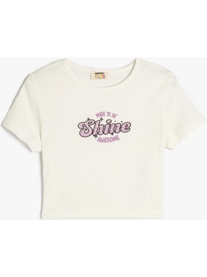 Koton Slogan Baskılı Bisiklet Yaka Pamuklu Crop Tişört