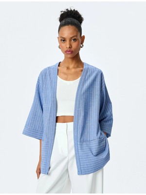 Koton V Yaka Cep Detaylı Oversize Çizgili Kruvaze Kimono