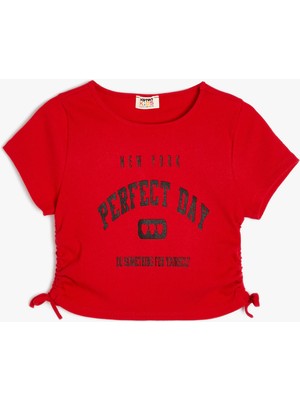 Koton Crop Tişört Yanları Büzgülü Kısa Kollu Baskılı Pamuklu