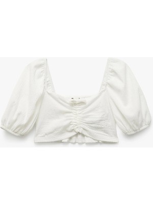 Koton Kız Çocuk Kare Yaka Gipe Detaylı 3/4 Kol Balon Kollu Crop Bluz Günlük Stil