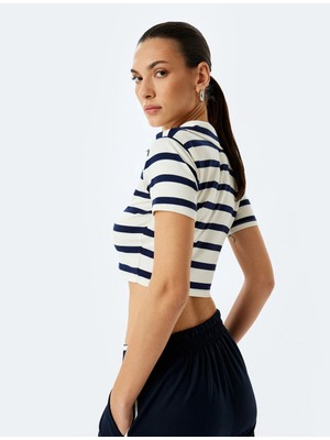 Koton Viskon Kısa Kollu Çizgili Polo Yaka Crop Tişört