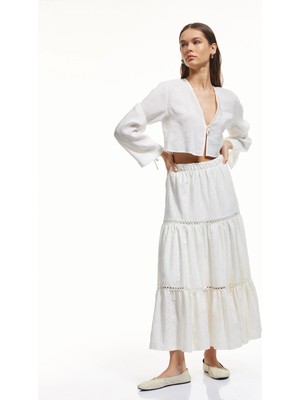 Koton Yüksek Bel Ajurlu Beli Lastikli Volanlı Çiçekli Midi Etek