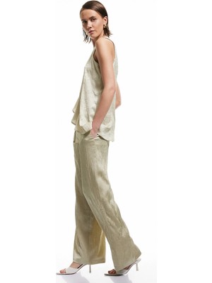 Koton Beli Bağlamalı Yüksek Bel Geniş Paça Dokulu Saten Pantolon