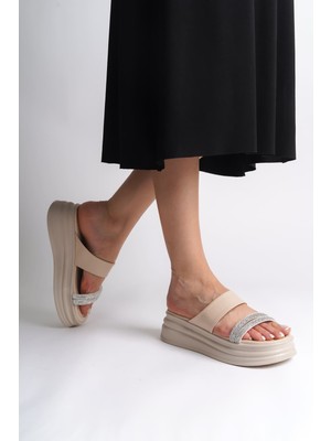 DMR Elegance Sarah Düz Topuklu Taşlı Şeritli Kalın ve Ortopedik Taban Kadın Terlik  Ckt - Krem