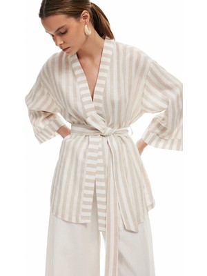 Koton Beli Kuşak Detaylı Kruvaze Viskon Keten Kimono Ceket