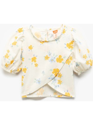 Koton Çiçekli Bluz Asimetrik Kesim Balon Kollu Yuvarlak Yaka