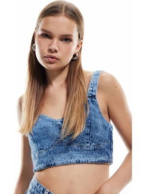 Koton Taş Detaylı Dar Kesim V Yaka Denim Crop Bluz