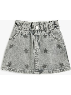 Koton Pamuklu Yıldız Desenli Beli Lastikli Denim Mini Etek