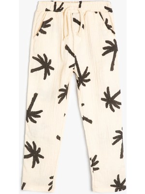 Koton Pantolon Palmiye Desenli Beli Bağlamalı Cepli Pamuklu