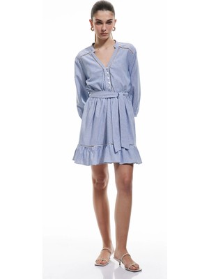 Koton Mandarin Yaka Kemer Detaylı Uzun Kollu Fistolu Viskon Gömlek Elbise