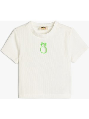 Koton Bisiklet Yaka Kısa Kollu Ananas Pencere Detaylı Crop Tişört