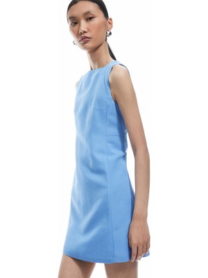 Koton Astarlı Keten Karışımlı A Kesim Kolsuz Kare Yaka Diz Üstü Elbise