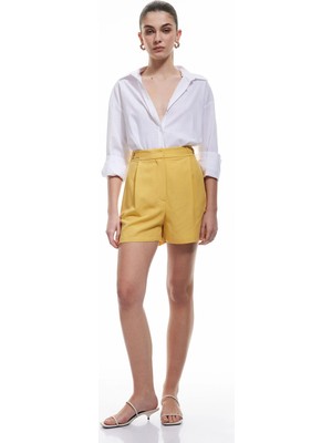 Koton Metal Aksesuarlı Cepli Viskon Keten Karışımlı Mini Yüksek Bel Şort