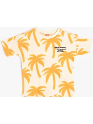 Koton Palmiye Desenli Kısa Kollu Bisiklet Yaka Pamuklu Tişört