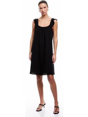 Koton Viskon Keten Karışımlı Kare Yaka Fırfırlı Askılı Mini Elbise